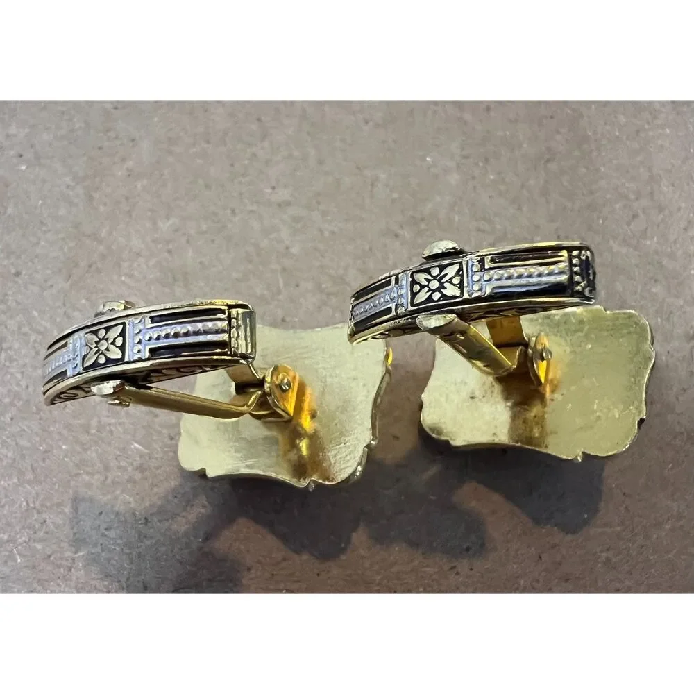 Damascene Toledo Cufflinks Spanish Gilt Swivel T Bar Goldtone Faux MOP Inlay
